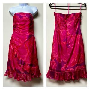 PHOEBE 100% Silk Pink Floral Print Cocktail Dress, Ruffle Detail, Sz 4